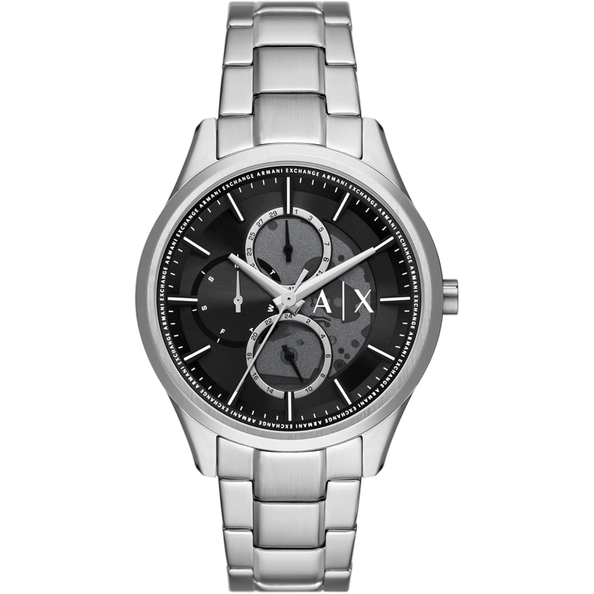 Stainless steel chronograph watch with black dial, subdials, and metal bracelet