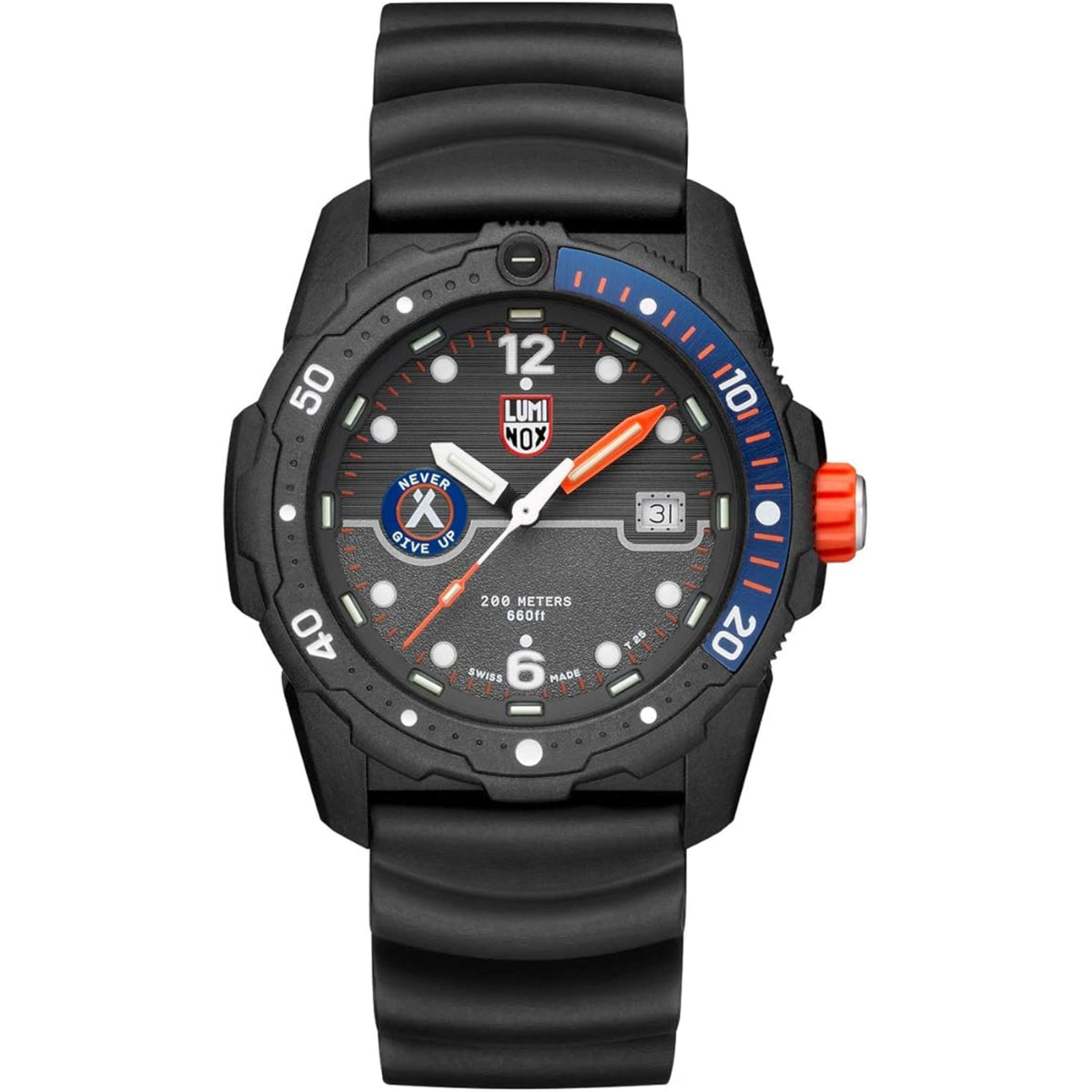 Black rubber strap quartz diver watch with blue/red bezel and orange second hand