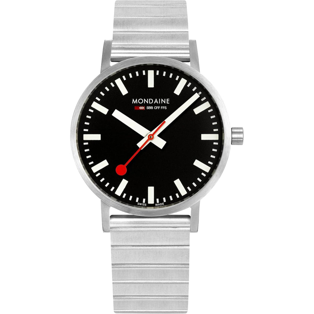 Quartz wristwatch with black dial, red accents, and silver stainless steel bracelet