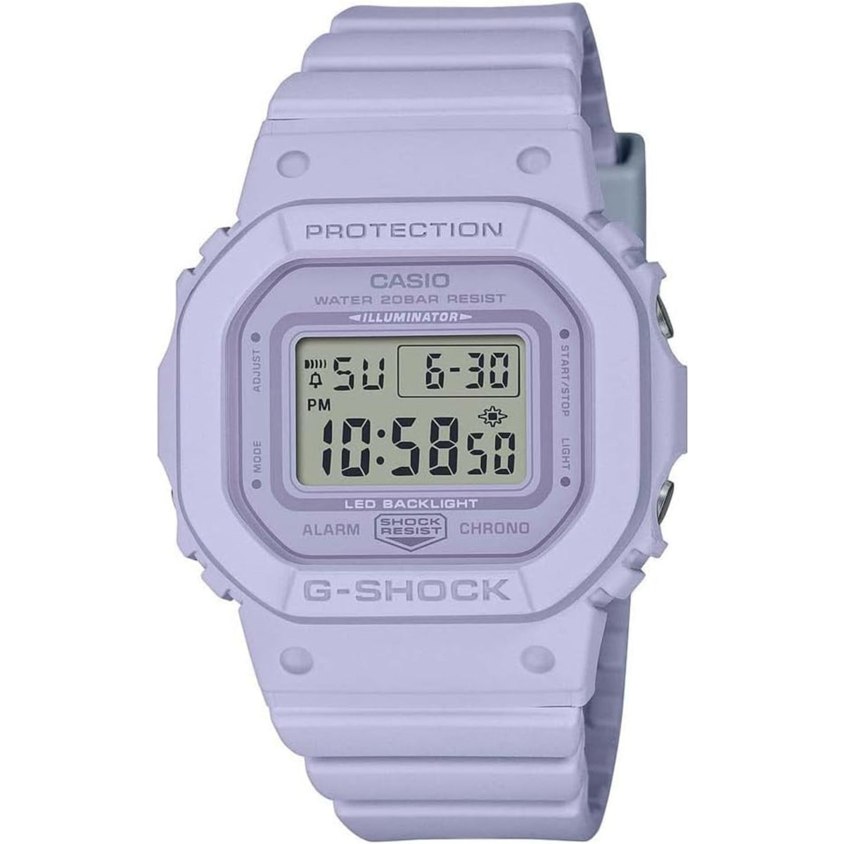Lilac Casio G-Shock digital wristwatch with resin strap and square LCD display