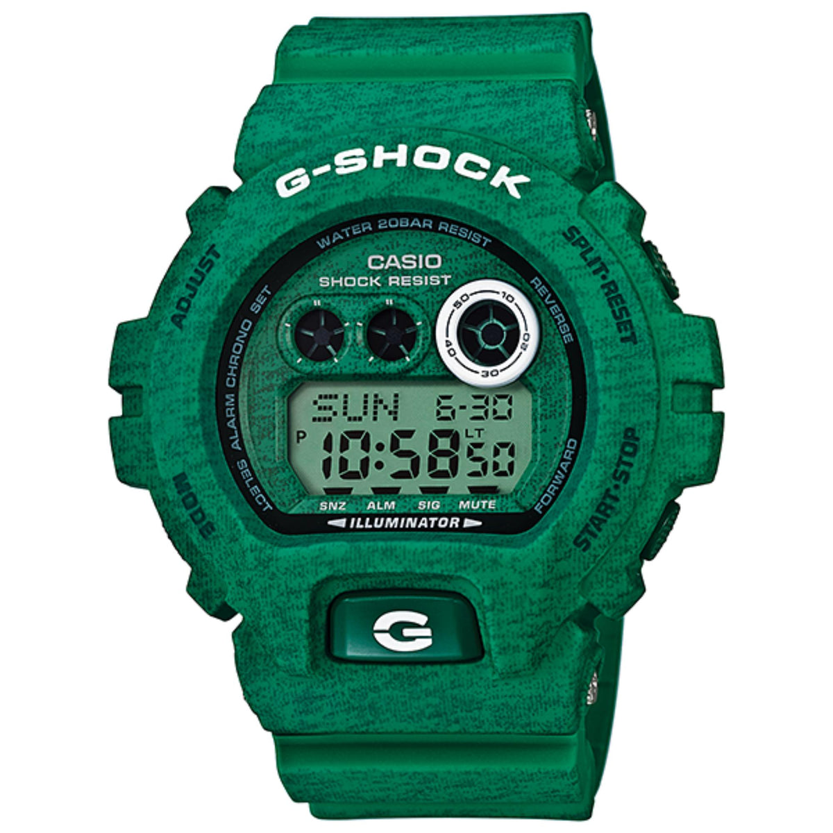 Green Casio G-Shock men's digital wristwatch with round resin case and LCD display