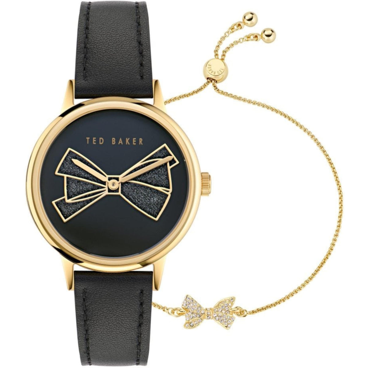 Gold-tone round watch with black leather strap, black dial with bow design, gold-tone charm chain