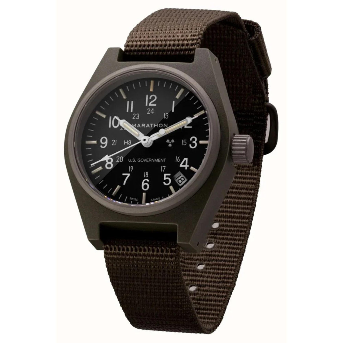 Men's black-dial wristwatch with date, grey case, brown nylon strap.