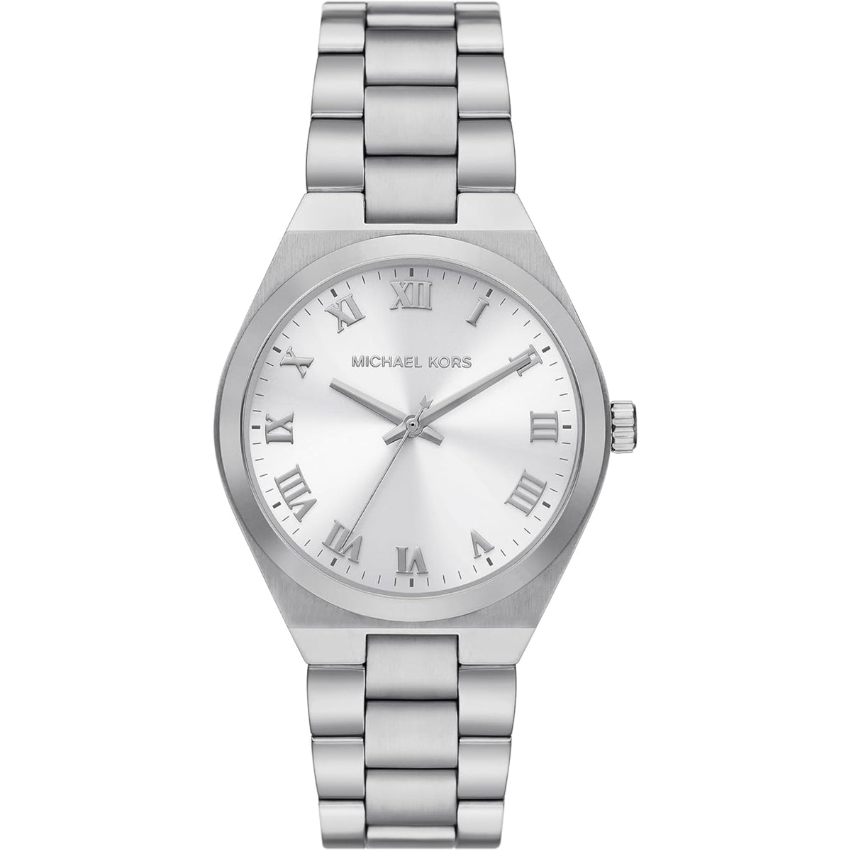 Women's stainless steel wristwatch, white dial with Roman numerals, link bracelet