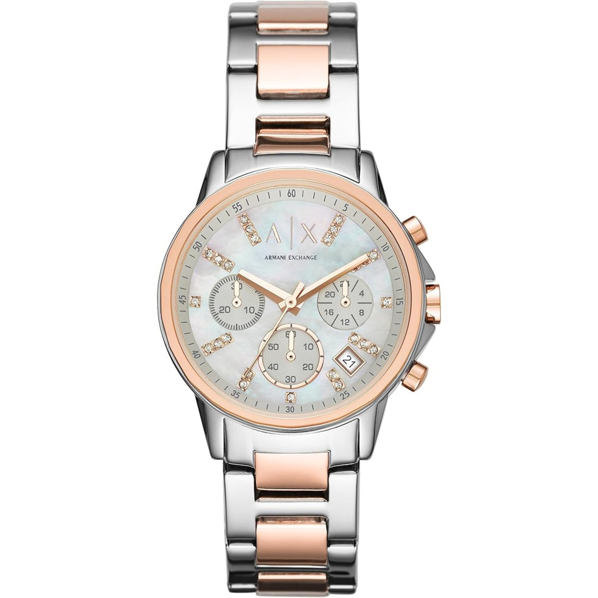 Ladies chronograph watch with silver bracelet, light blue dial, rose-gold accents