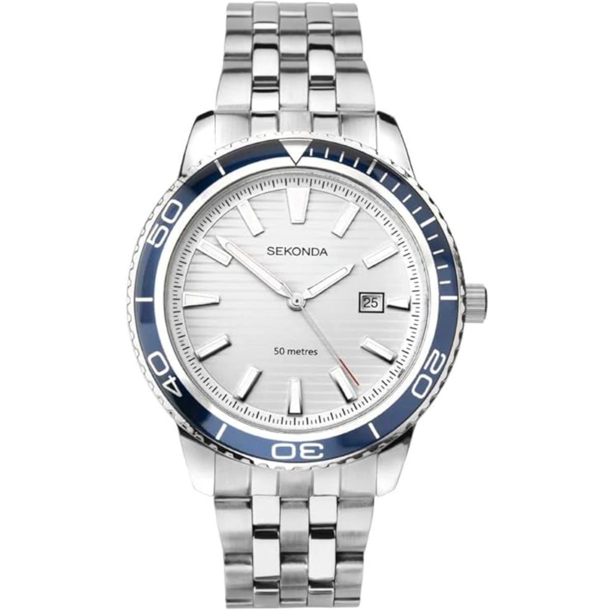 Men's stainless steel bracelet watch, silver dial, blue bezel, date window at 3
