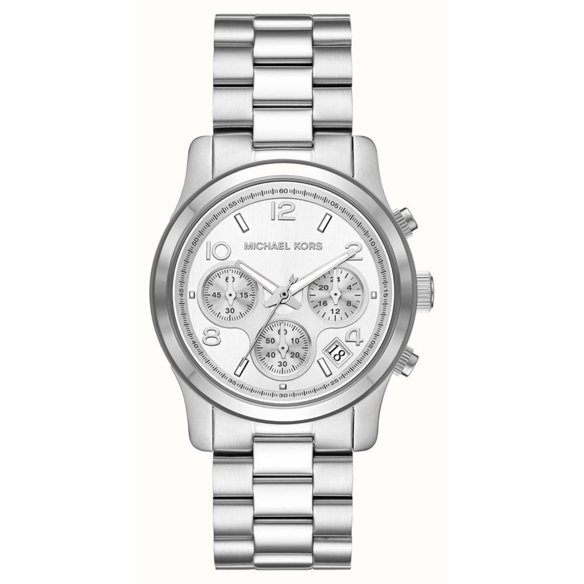 Michael Kors Runway Chronograph MK7325 front view showing silver dial women's watch with stainless steel bracelet