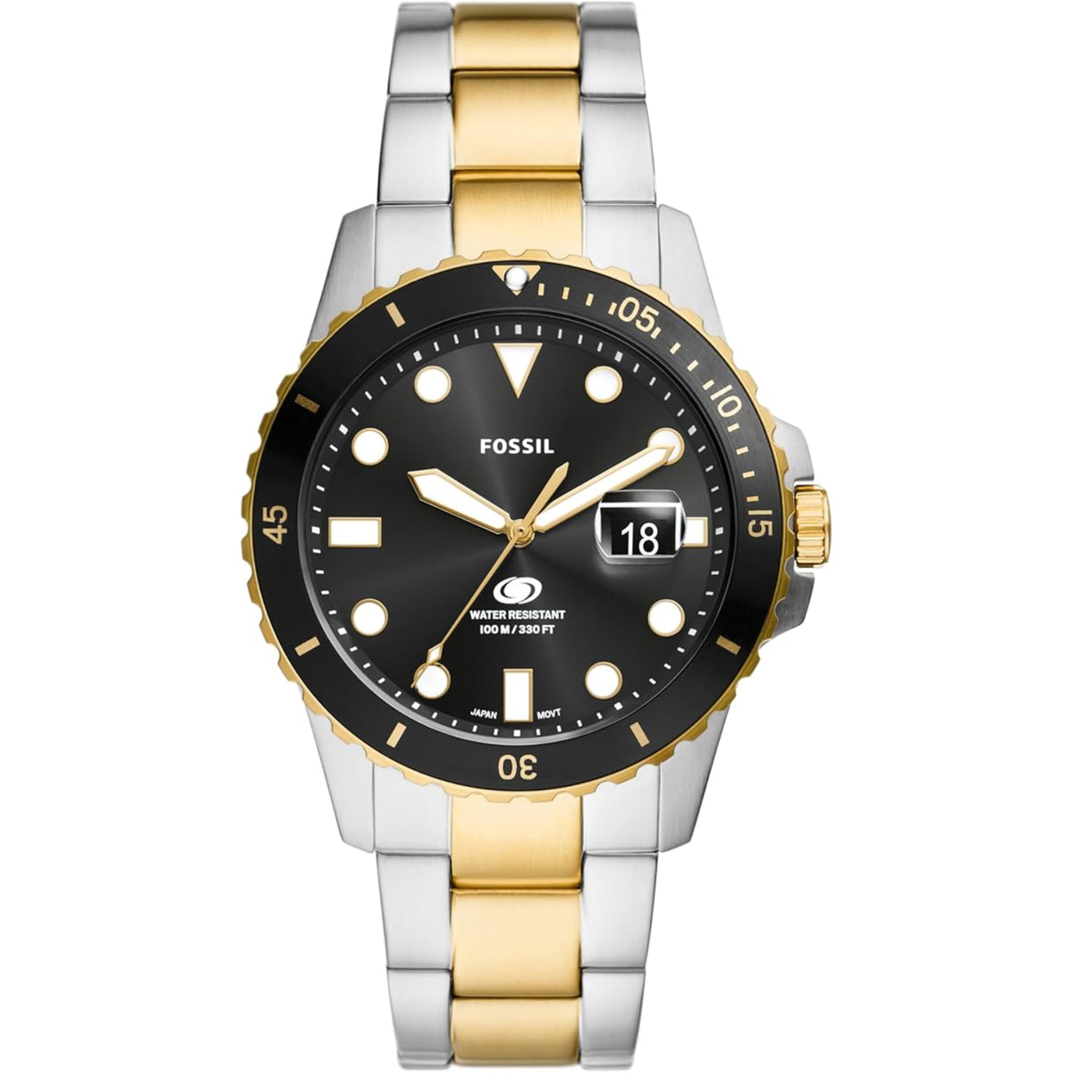 Fossil Blue Dive FS6031 mens quartz watch featuring a black dial, gold-tone accent bezel, date window display, and two-tone stainless steel bracelet
