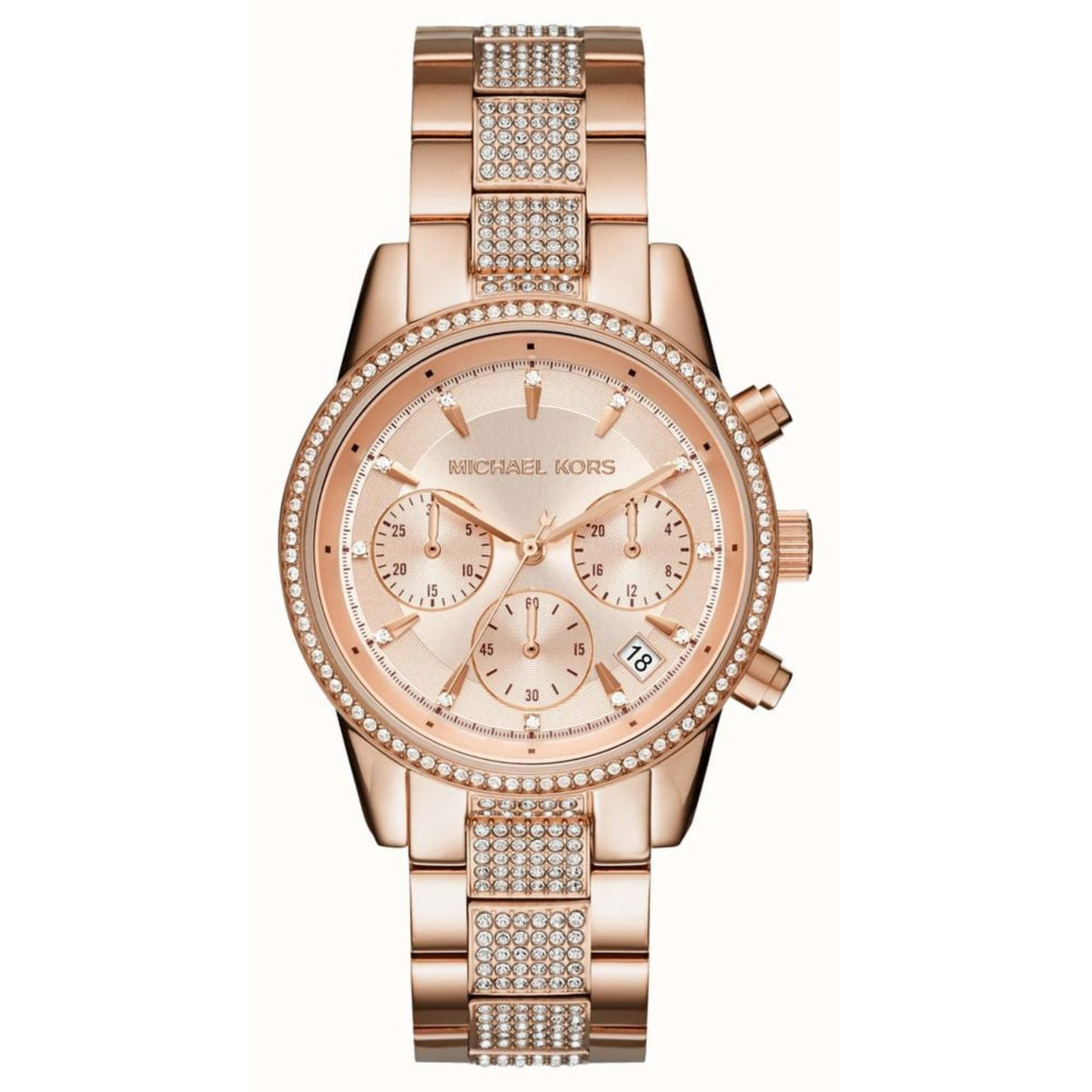 Michael Kors Bryant MK6485 ladies watch front view displaying a round rose gold dial with chronograph sub dials, pavé stone bezel, and crystal embellished stainless steel bracelet