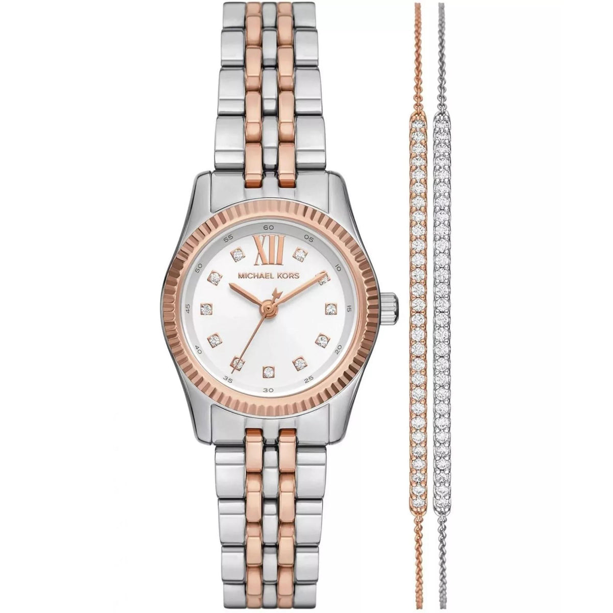 Michael Kors Lexington MK4817SET womens watch front view showing white dial with crystal indices, rose gold tone fluted bezel, steel bracelet, and accompanying stone set bracelets