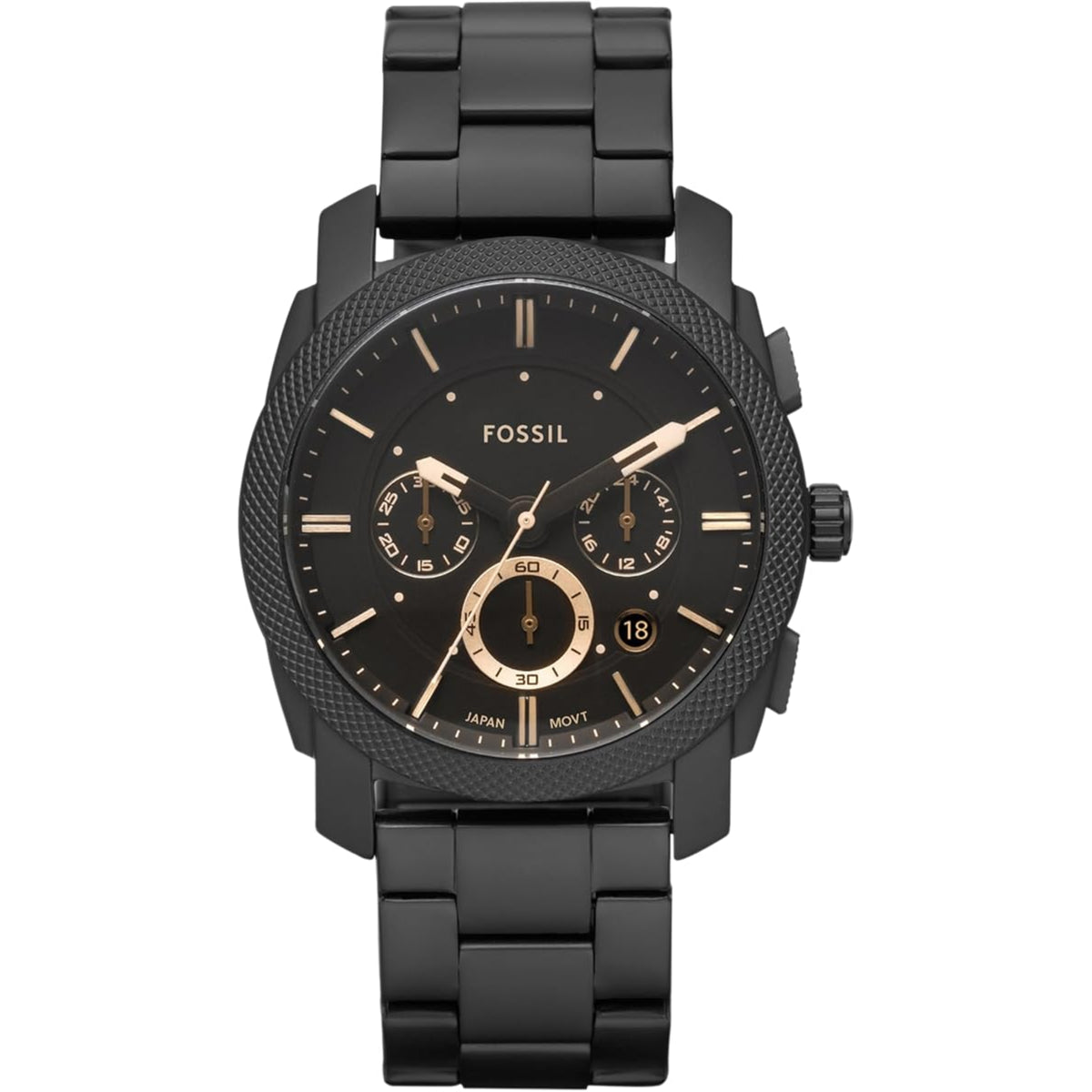 Men's black chronograph quartz watch with black dial and steel link bracelet