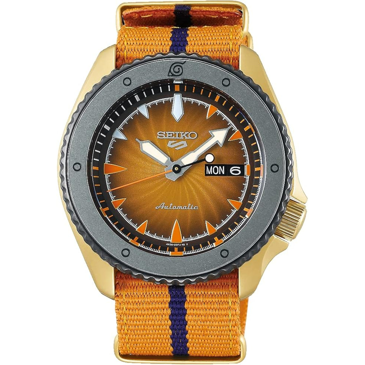 Men's automatic wristwatch with orange dial, gold-tone case, black bezel, orange nylon strap