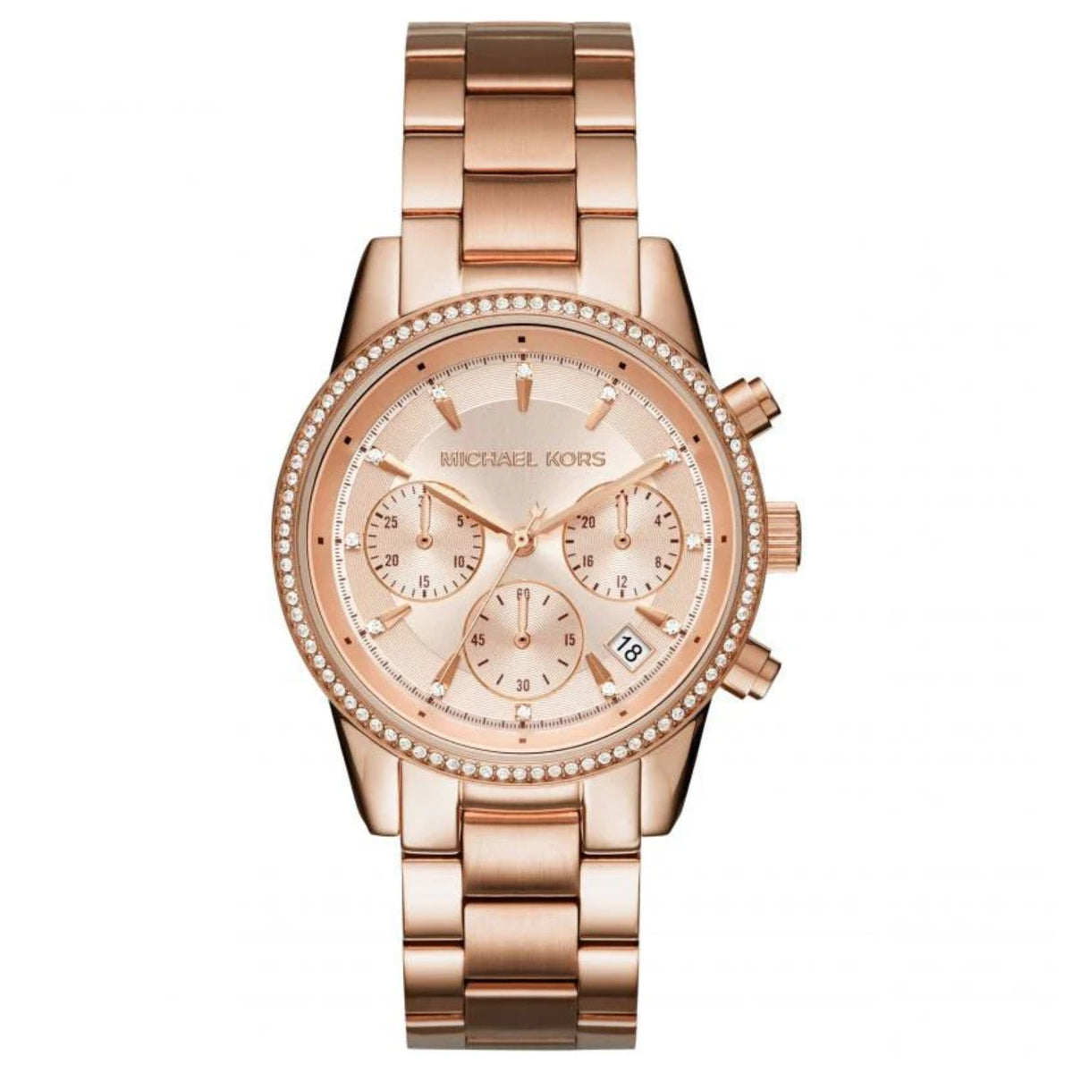 Michael Kors Bryant MK6357 ladies watch front view showing a rose gold dial, crystal bezel, chronograph display, and matching metal bracelet