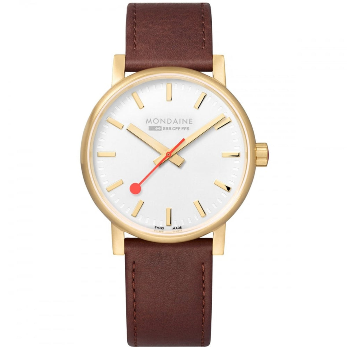 Men's gold-plated wristwatch with brown leather strap and white dial, round bezel