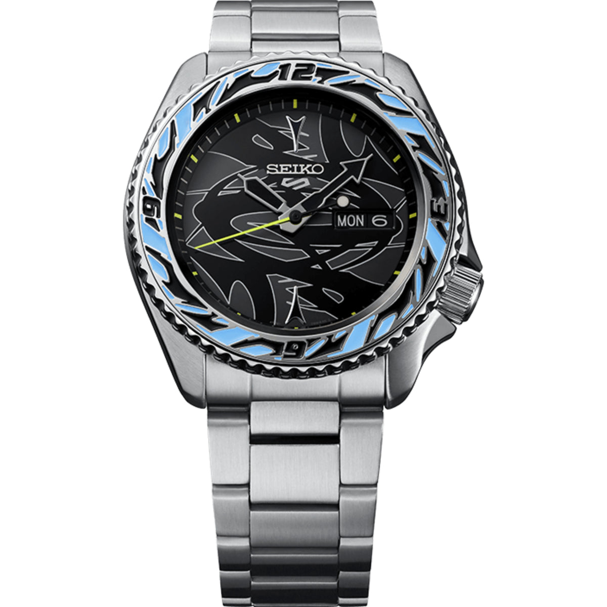 Men's stainless steel sport watch with black patterned dial, blue bezel, and bracelet