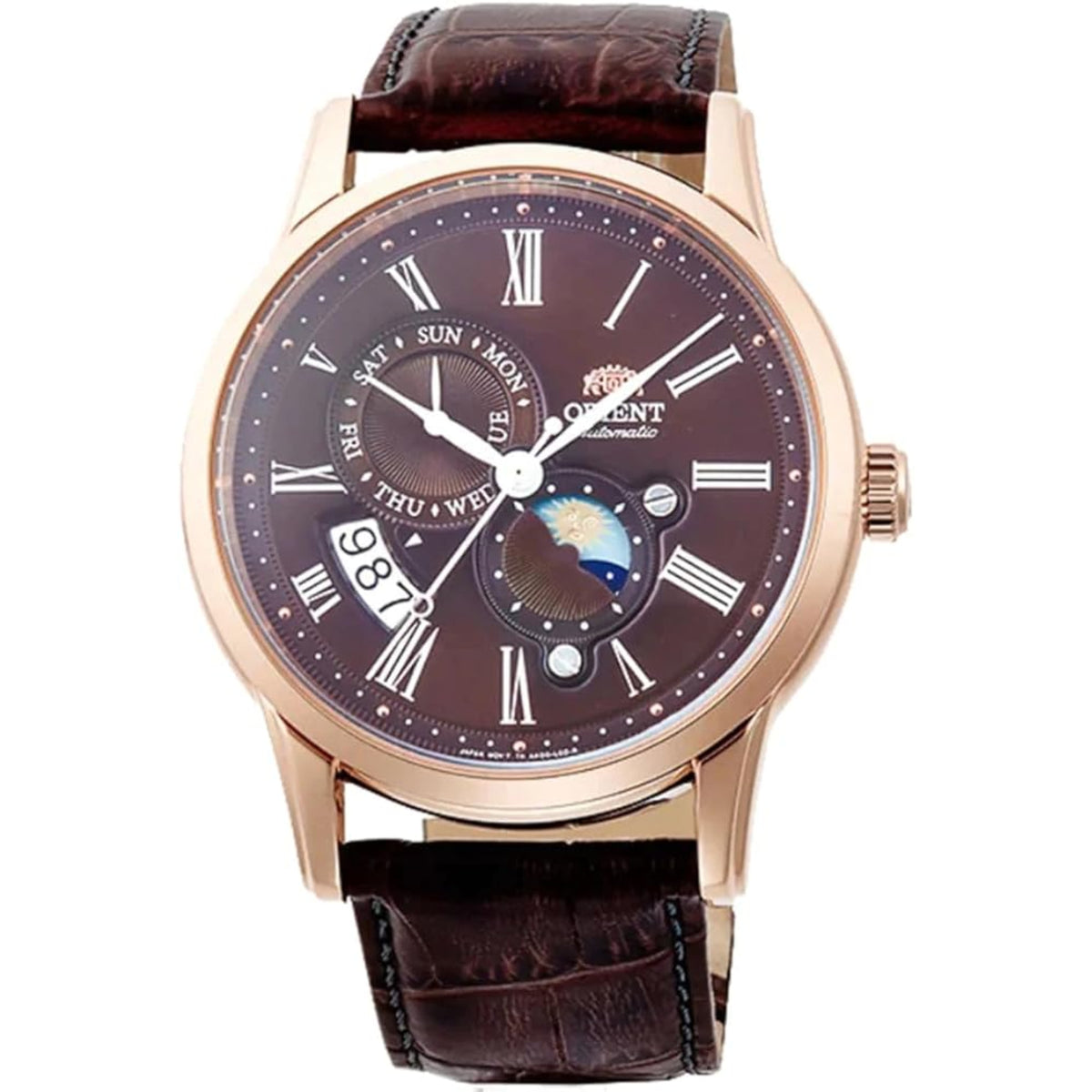 Men's automatic watch with dark moon-sun dial, rose-gold case, brown leather strap