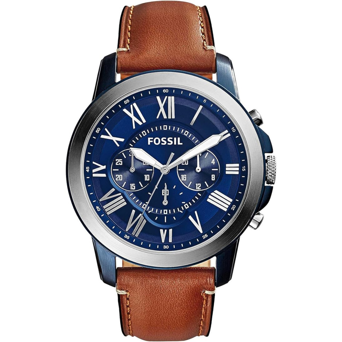 Front view of the Fossil Grant FS5151 watch featuring a blue dial, silver Roman numeral markers, three sub-dials, and a brown leather strap