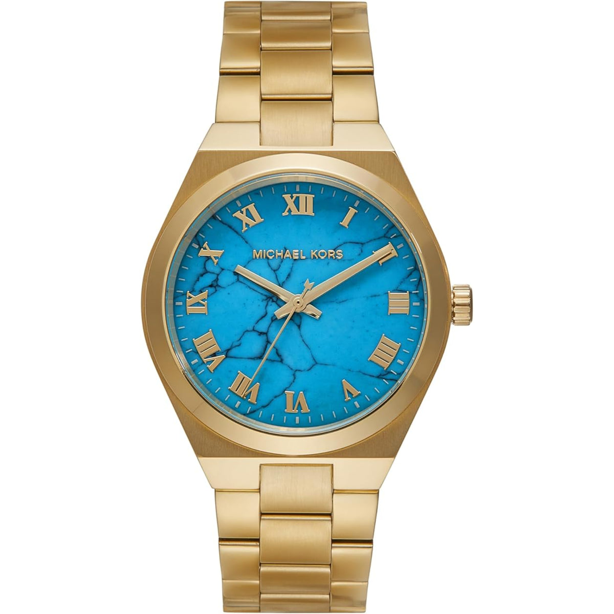 Gold-tone women’s wrist watch with blue dial, Roman numerals, and three gold hands.