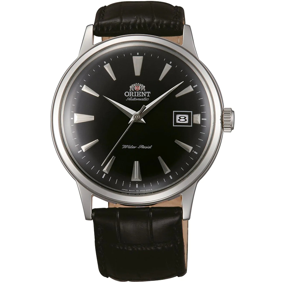 Orient Bambino 41mm automatic watch with black dial and black leather strap
