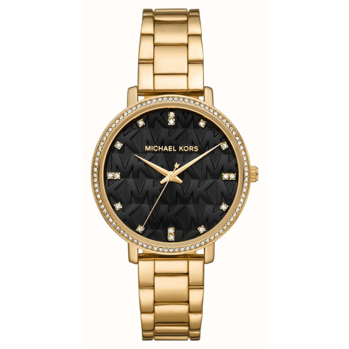 Michael Kors Pyper women's watch with black dial, gold-tone link bracelet, rhinestone bezel