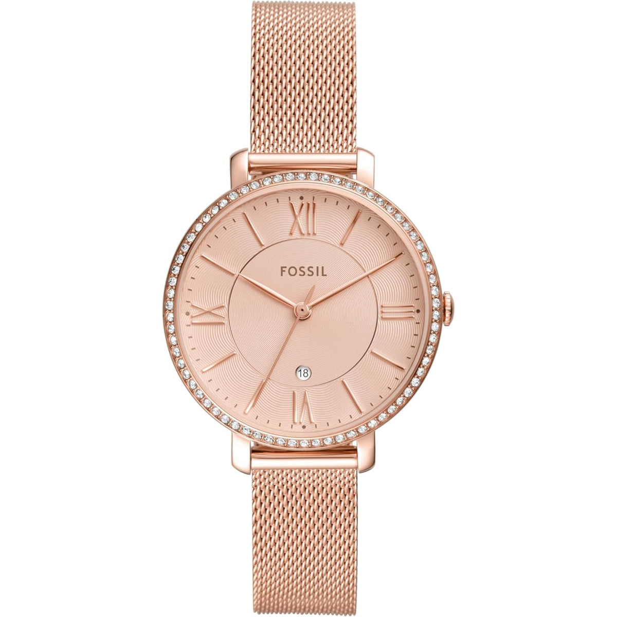 Front view of the Fossil Jacqueline ES4628 watch featuring a rose gold dial, crystal-set bezel, Roman numeral indices, small date aperture, and a rose gold-tone mesh bracelet