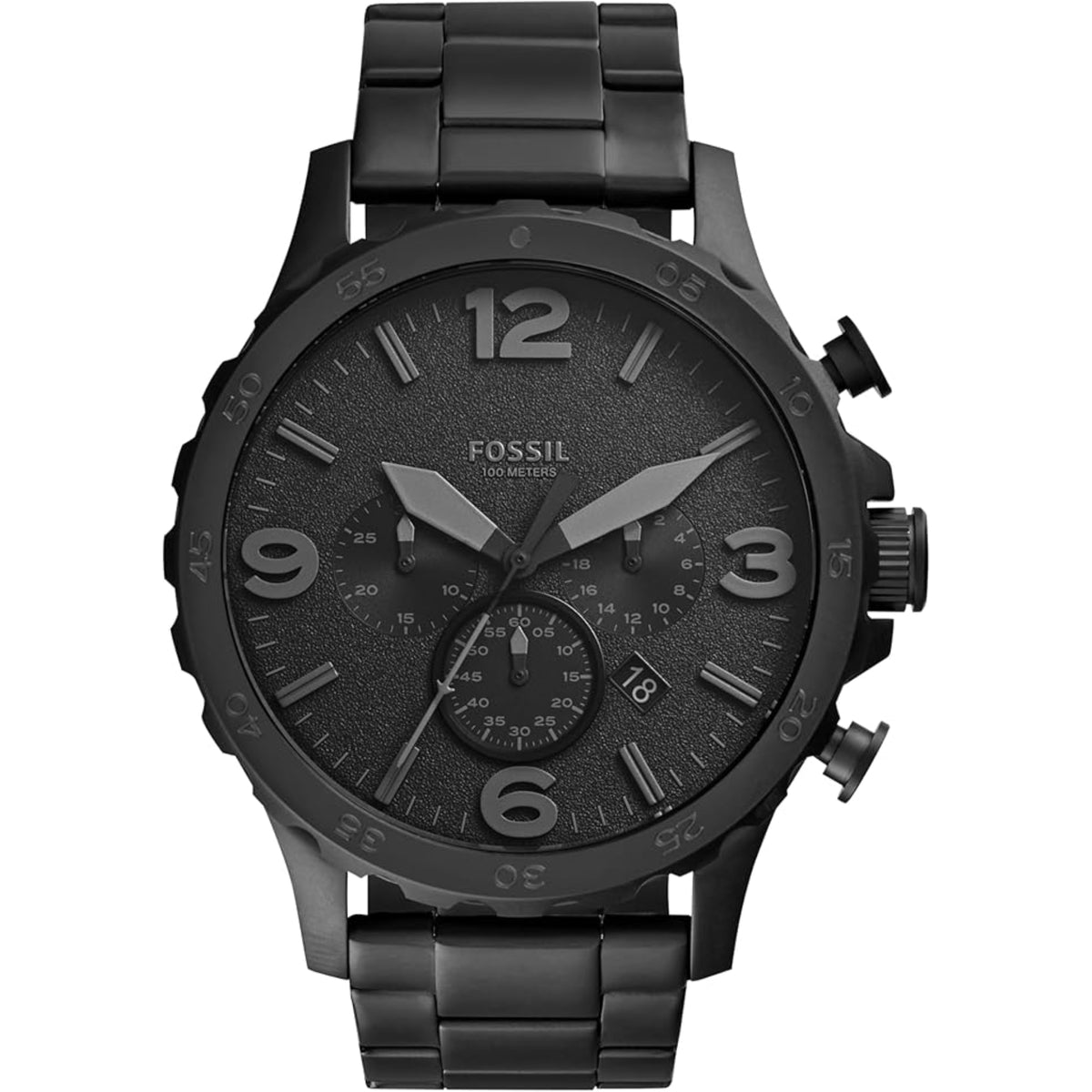 Front view of the Fossil Nate JR1401 chronograph watch featuring a textured black dial, oversized Arabic numerals, sub-dials, date display, and black stainless steel bracelet