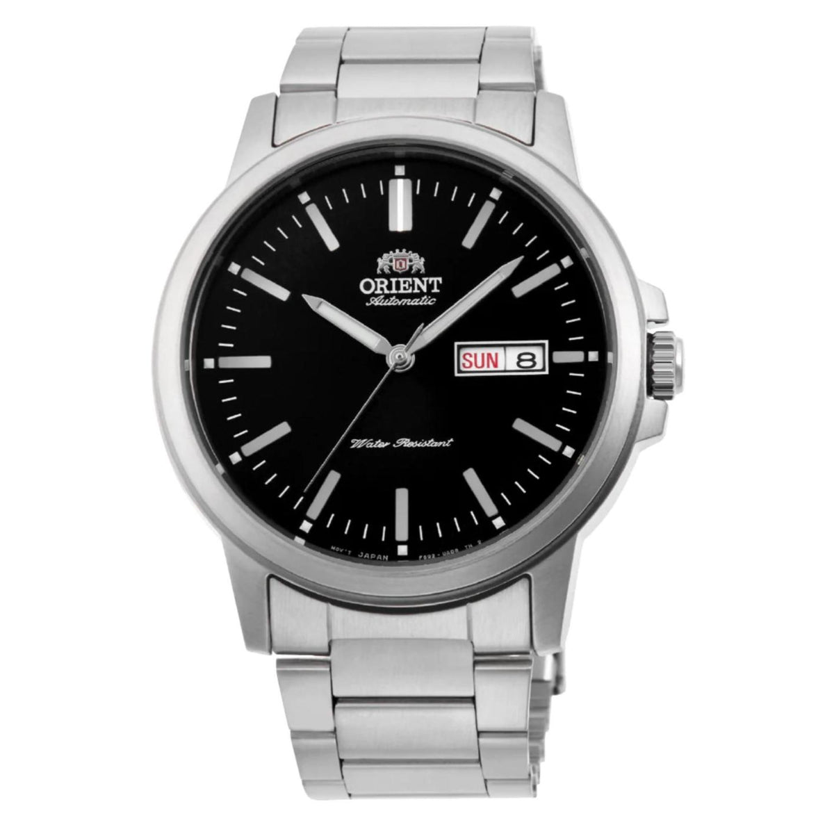 Orient Contemporary RA-AA0C01B39B automatic watch with black dial, silver hands, day-date window, and steel link bracelet
