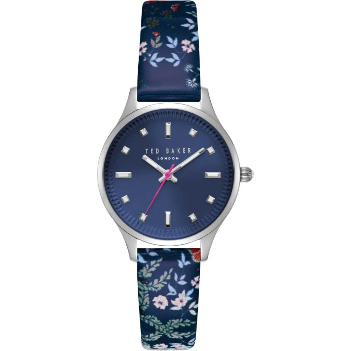 Ted Baker ladies quartz wristwatch with blue floral strap and blue dial, round steel case