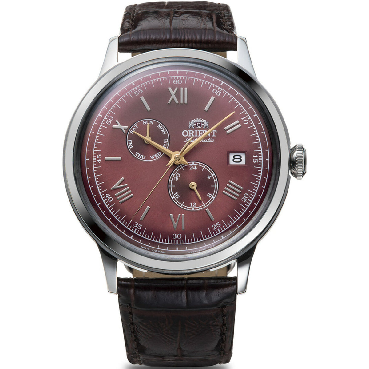 Orient Bambino mens automatic watch RA-AK0705R30B with bordeaux dial, Roman numerals, brown leather strap