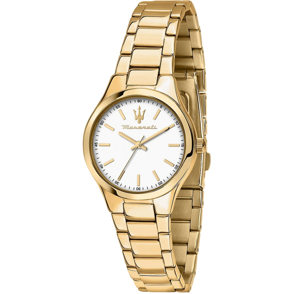 Gold-tone stainless steel watch with white dial and analog hands on bracelet