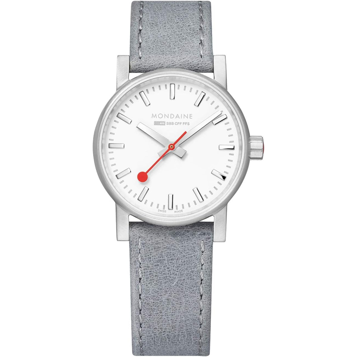 Mondaine ladies wristwatch with silver stainless case, white dial, grey leather strap