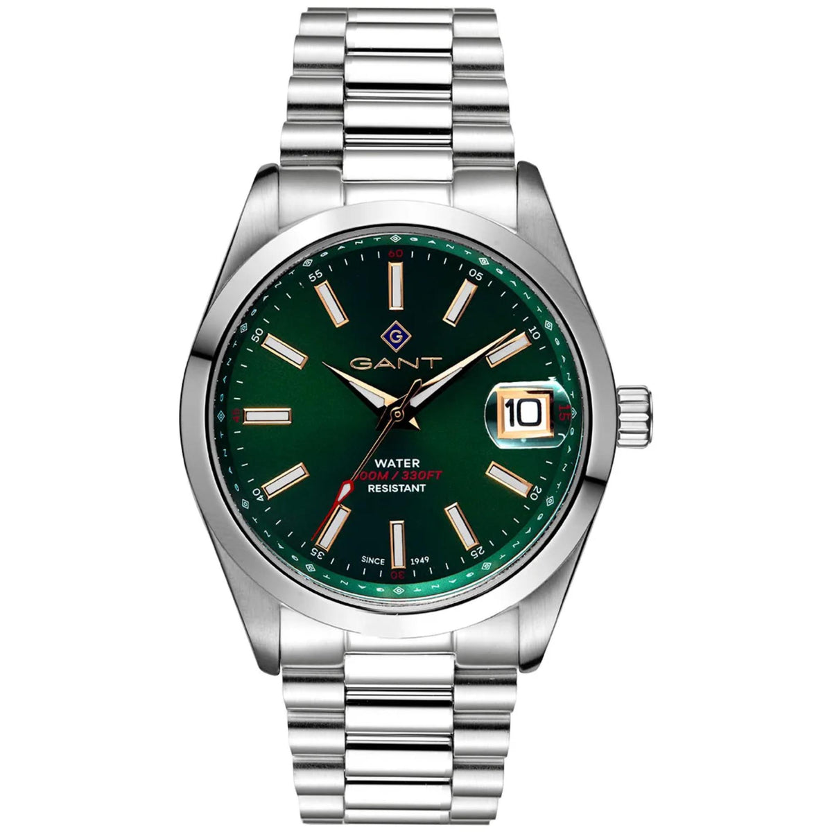 Men's stainless steel quartz watch with green dial, gold markers, and date window