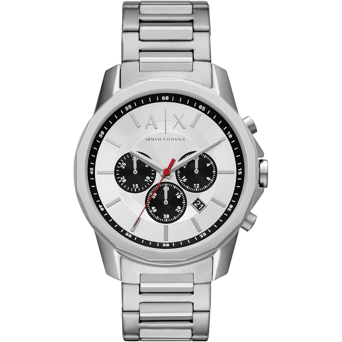 Armani Exchange Banks AX1742 front view displaying silver chronograph dial with sub-dials and steel bracelet