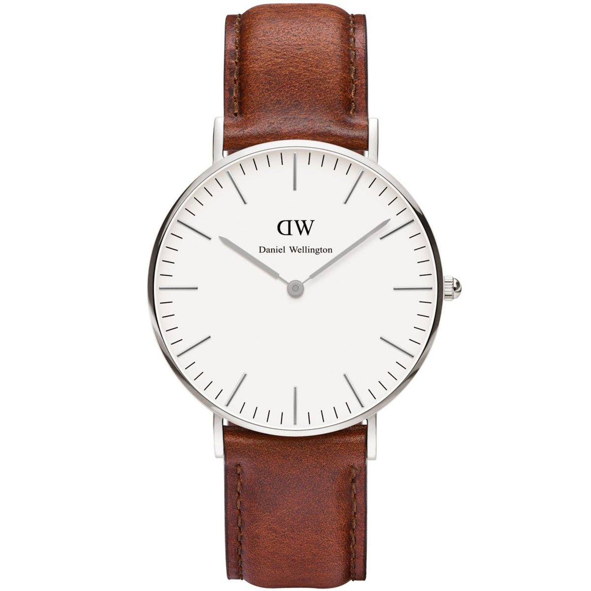 Daniel Wellington Classic 36mm quartz watch with white dial and brown leather strap
