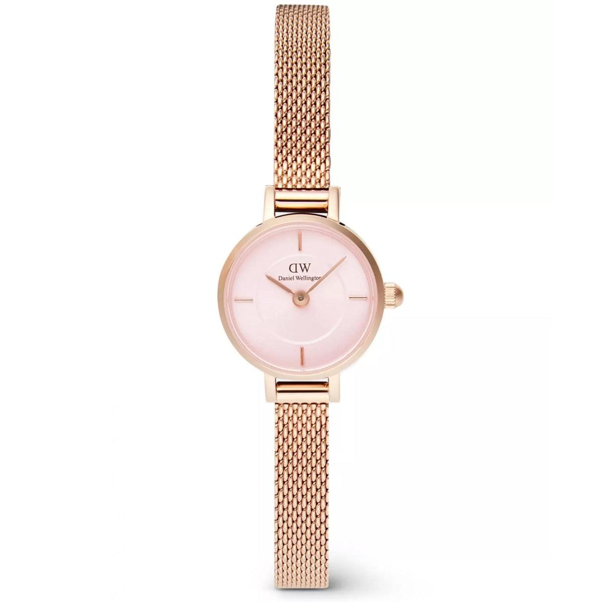 Petite rose gold mesh quartz watch with pink dial and slim round case, crown on right.