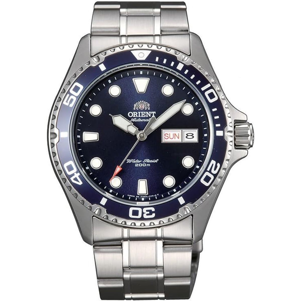 Men's steel automatic watch with blue dial, date window, and rotating bezel