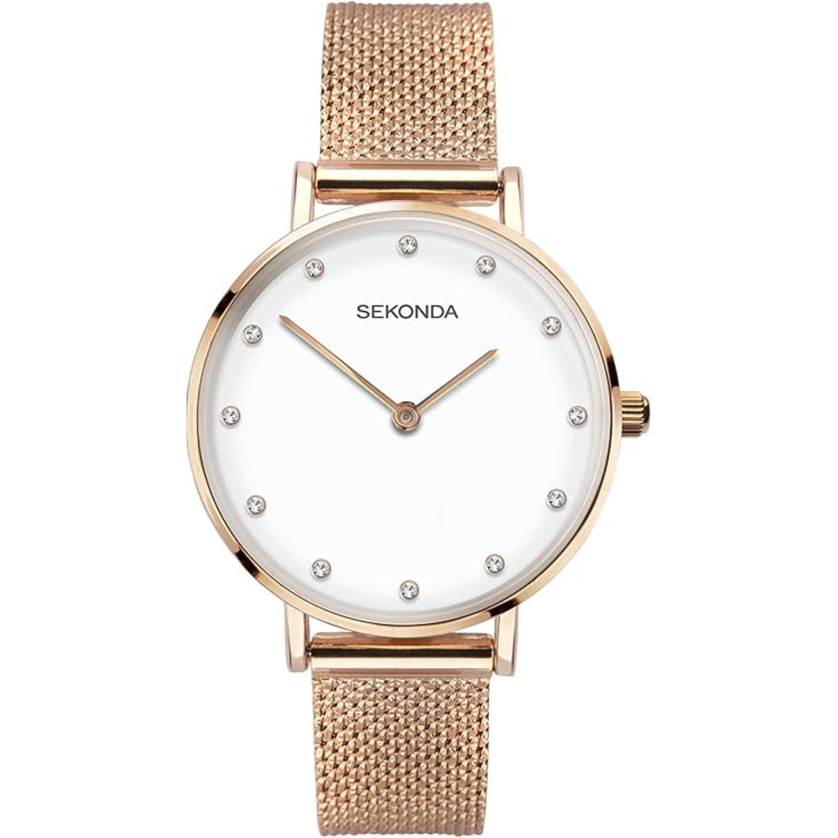 Ladies rose gold PVD watch with white dial, rhinestone indices, mesh Milanese strap