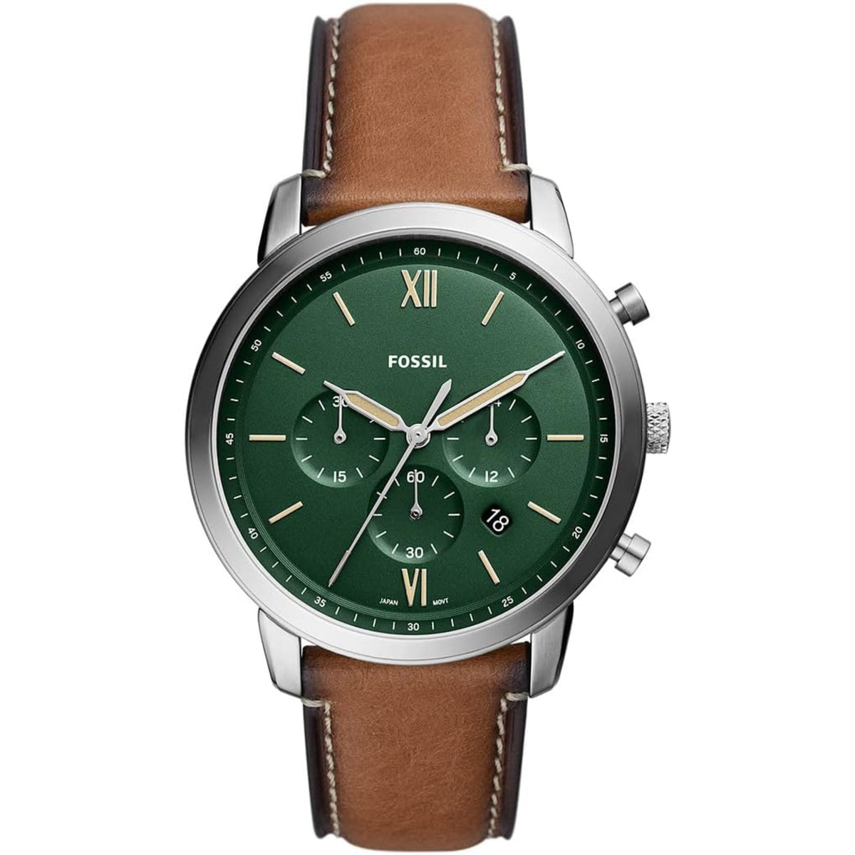 Fossil Neutra FS5963 front view showing green dial with chronograph sub-dials, steel case, and leather strap