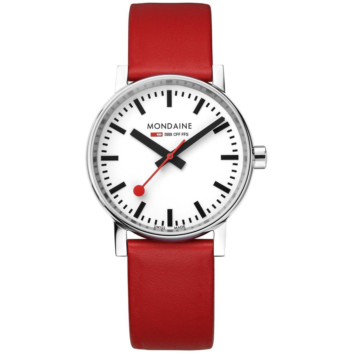 Ladies wristwatch with red leather strap, white dial, silver round case.