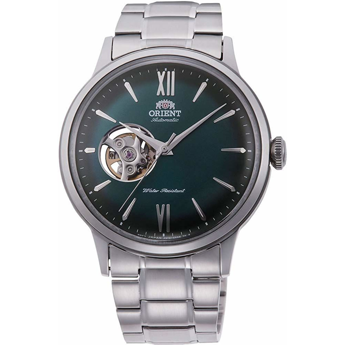 Men's steel automatic watch with green open-heart dial and Roman numeral markers