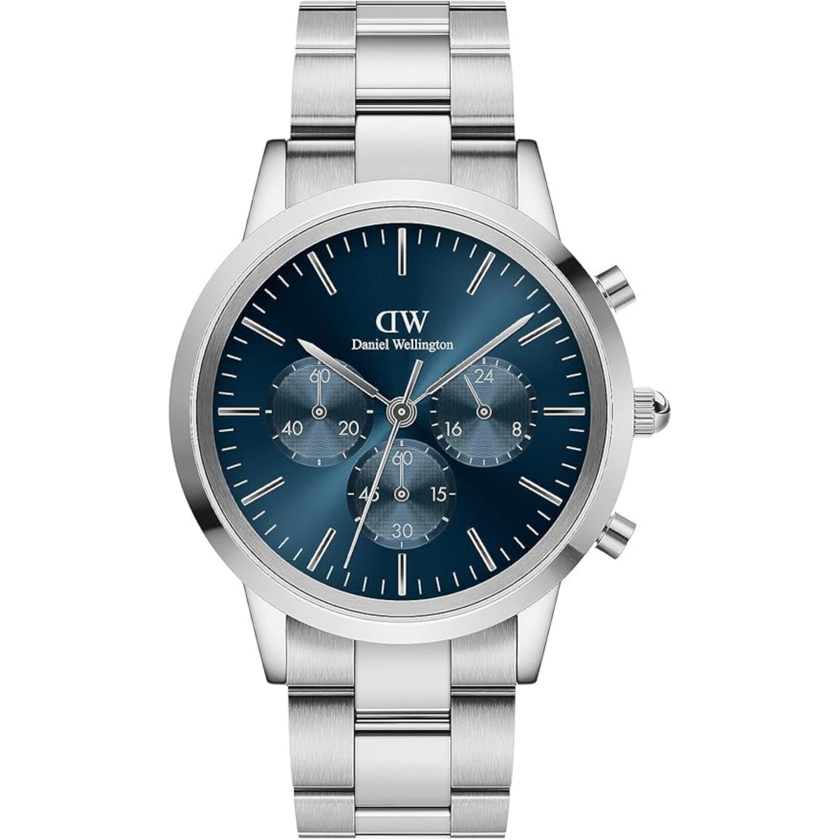 Men's steel chronograph watch with blue dial and three subdials