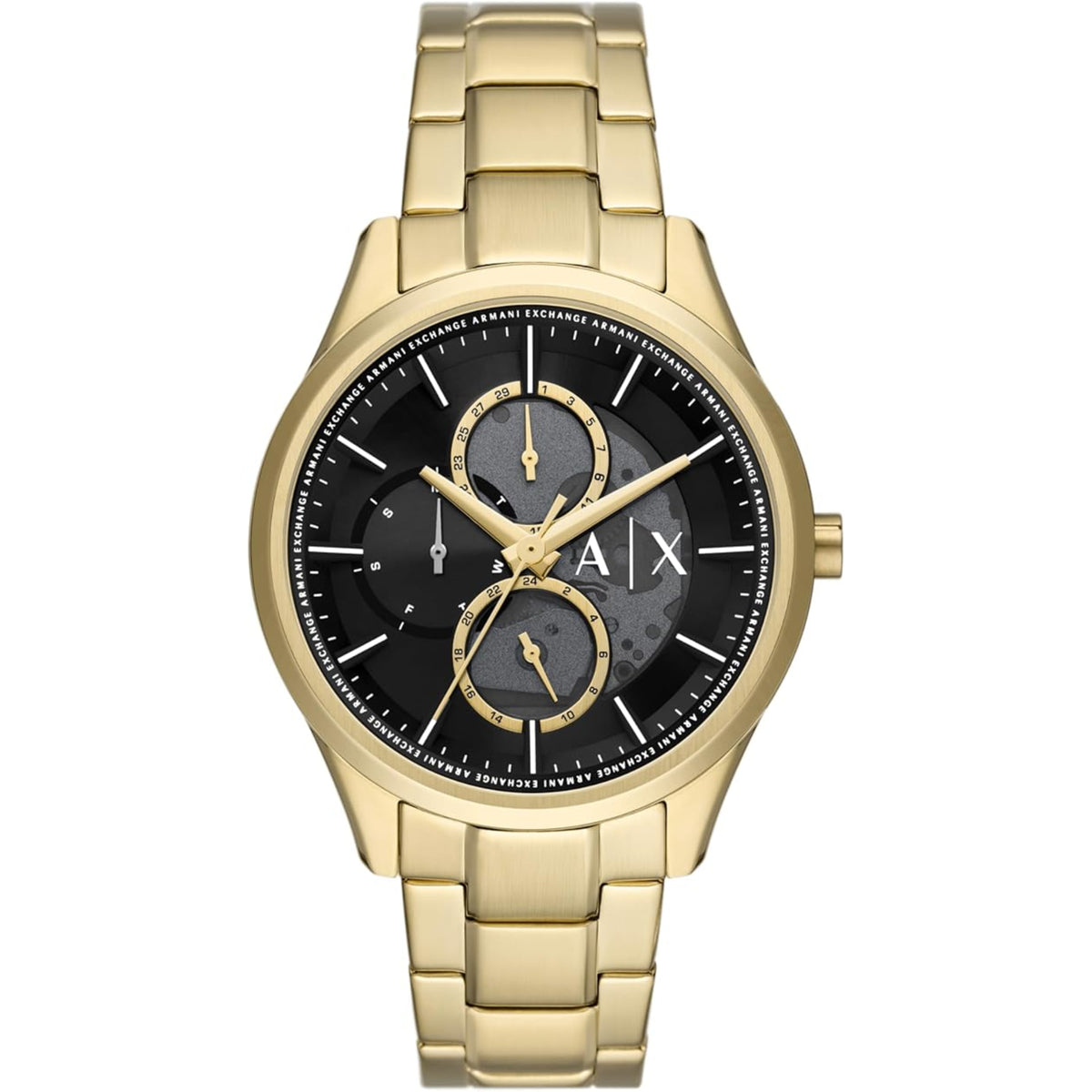 Armani Exchange men's chronograph watch with black dial and gold-tone steel bracelet