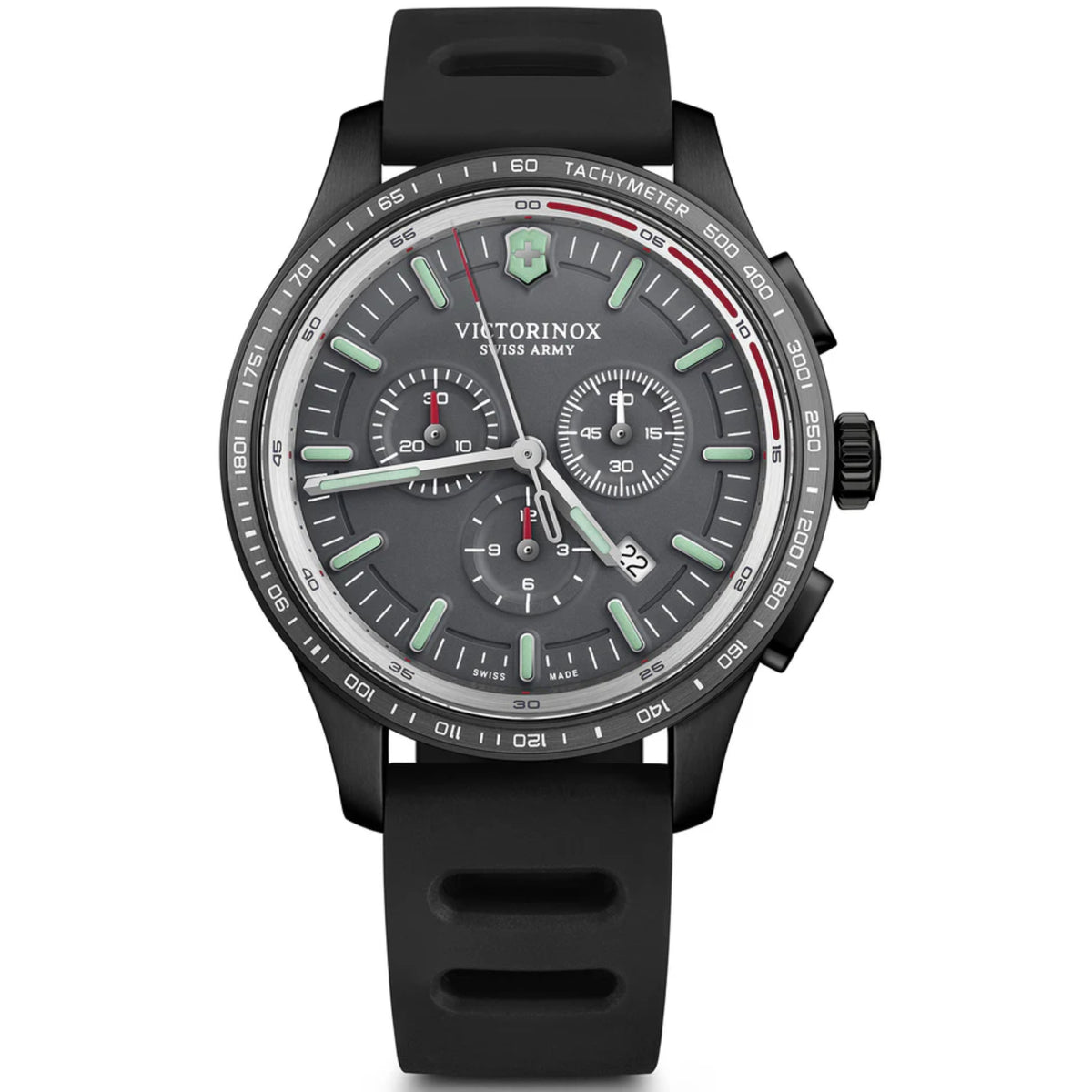Men's black rubber strap chronograph watch with dark grey dial and tachymeter bezel