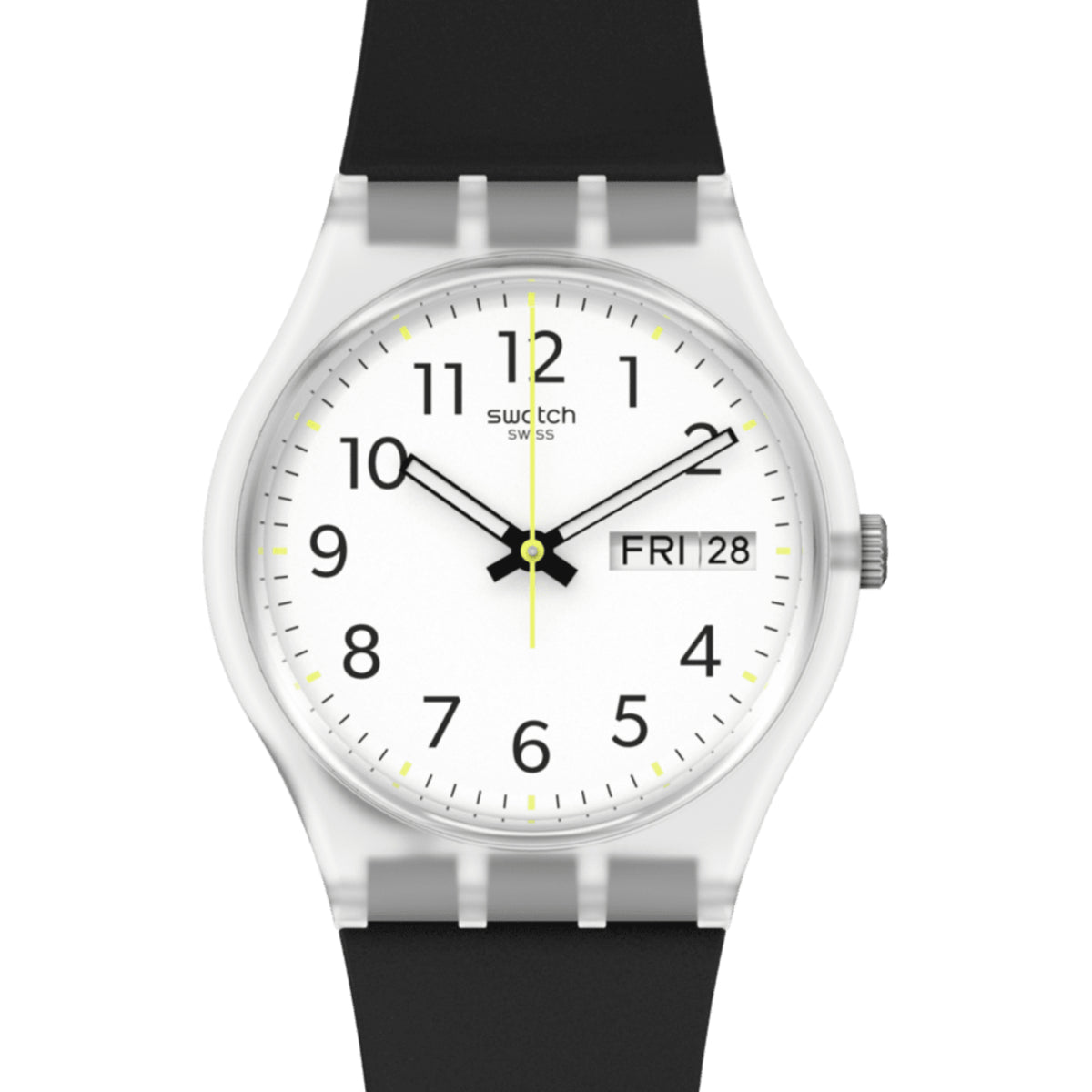 Black men’s wristwatch with round white dial, three hands, date window at 4 o’clock