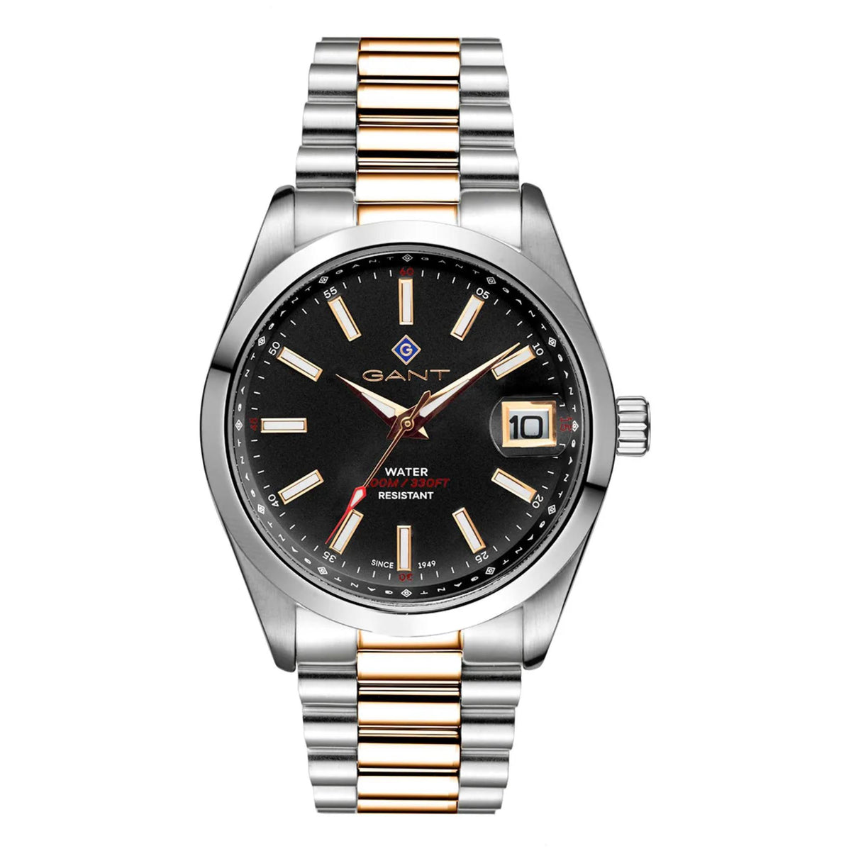Men’s quartz watch with black dial, two-tone steel bracelet, gold hour markers