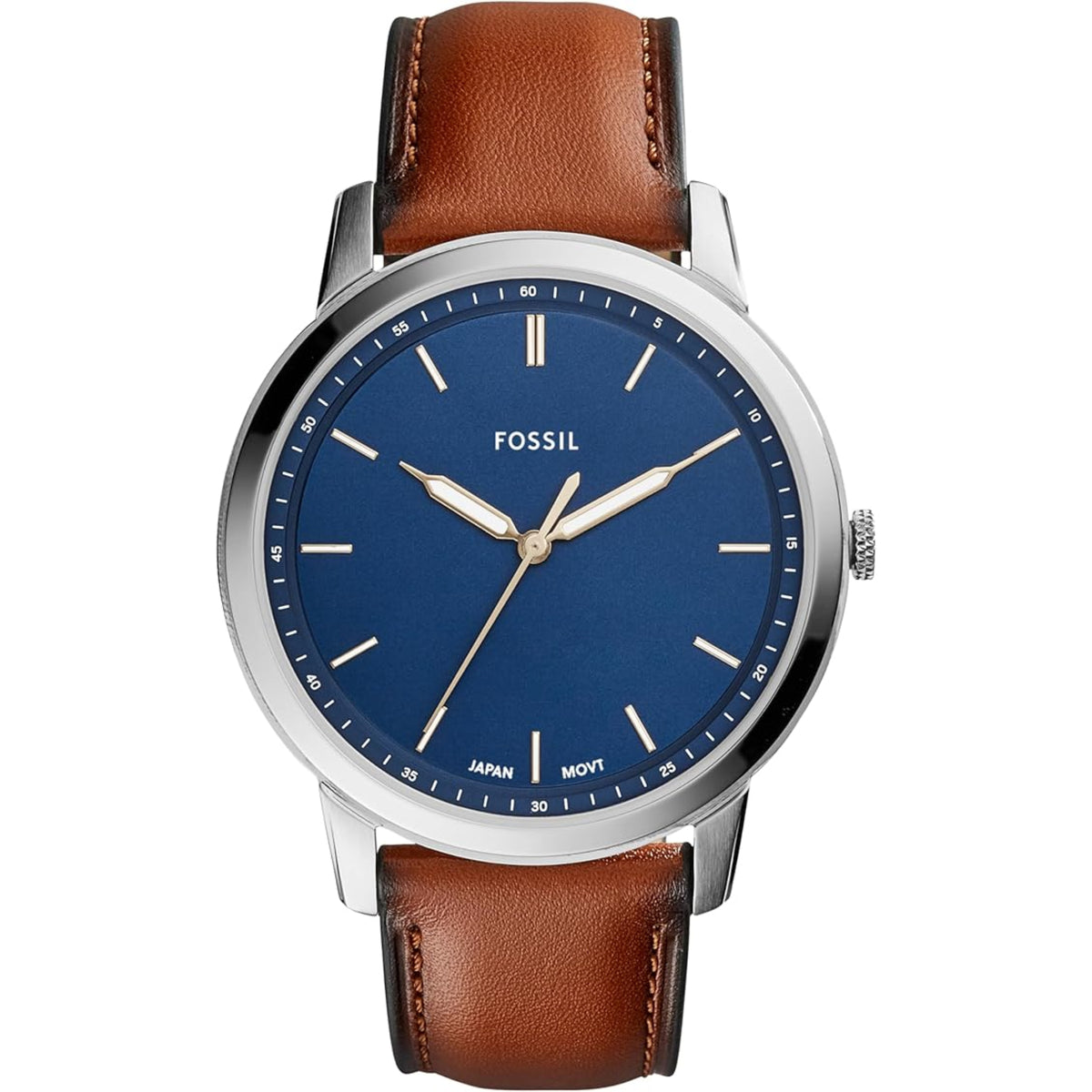 Men's minimalist quartz watch with blue dial, gold hands, brown leather strap