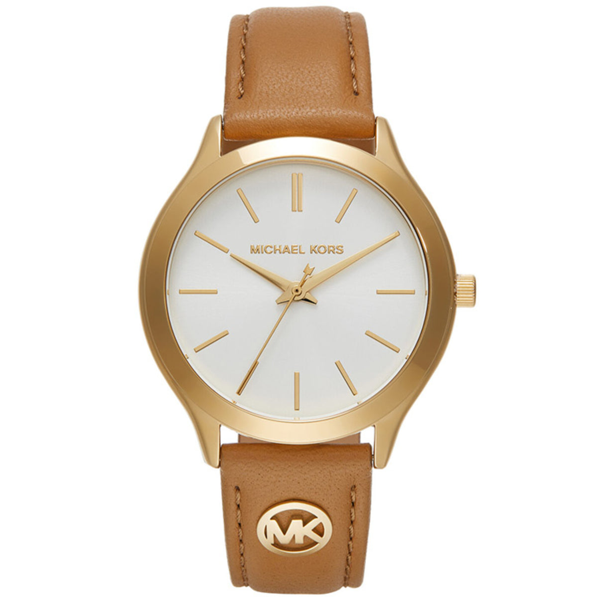 Women's gold-tone wristwatch with white dial and brown leather strap, MK logo