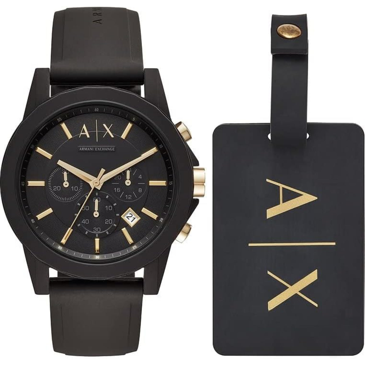 Armani Exchange Outerbanks 45mm Chronograph Black Dial Silicone Men's Quartz Watch AX7105 with black silicone strap and date display.