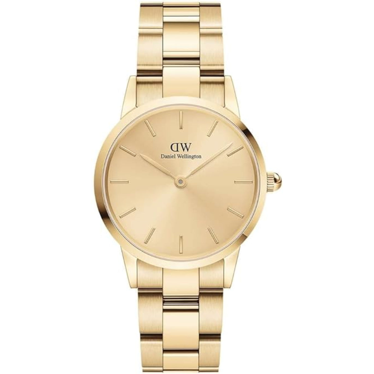 Gold-tone steel wristwatch with round beige dial and link bracelet