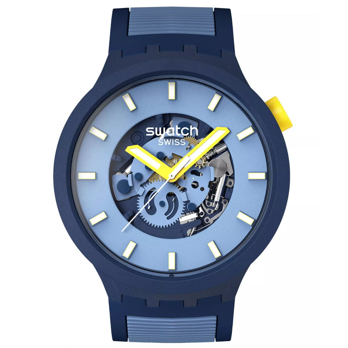 Dark blue silicone strap quartz watch with light blue dial and skeleton-style movement